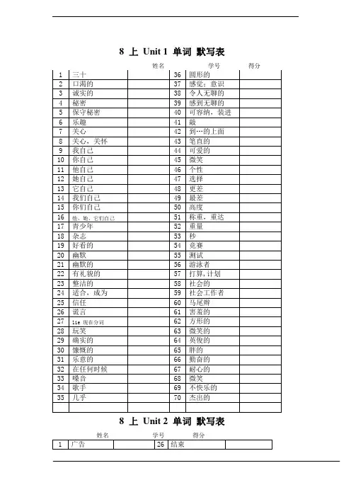 牛津初中英语译林版8A全册单词默写表