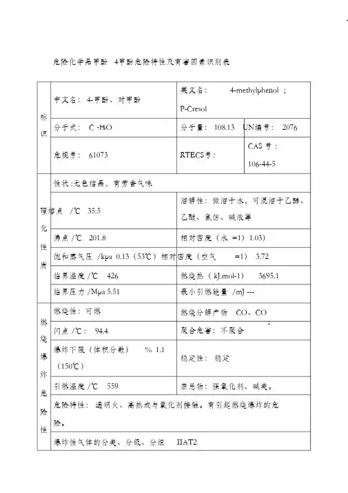 危险化学品甲酚4甲酚危险特性及有害因素识别表