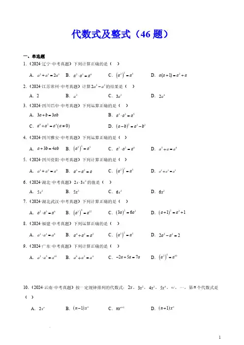 代数式及整式(46题)(原卷版)—2024年中考数学真题分类汇编(全国通用)