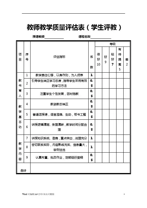 最新教学质量评估表(学生评教版)A4打印版
