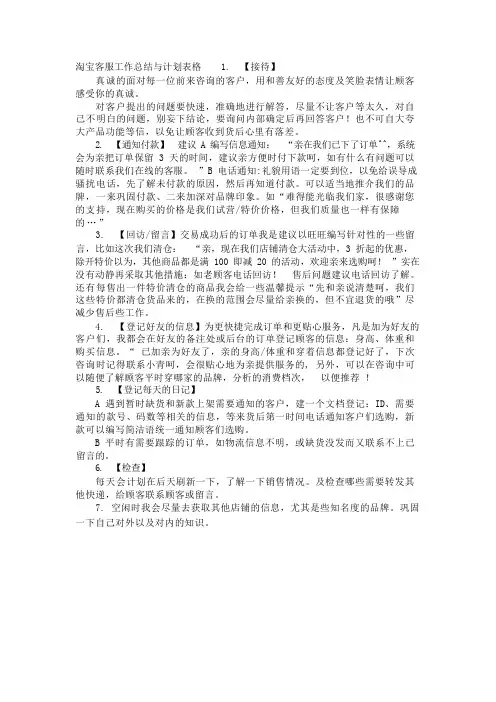 淘宝客服工作总结与计划表格