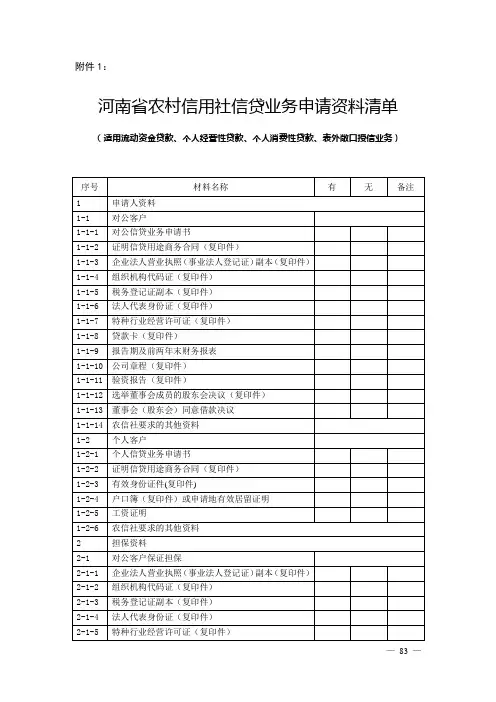 河南省农村信用社信贷业务申请资料清单