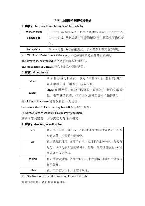 冀教版九年级全册英语Unit 1 Stay Healthy易混淆单词和短语辨析