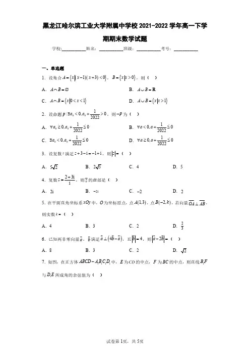 黑龙江哈尔滨工业大学附属中学校2021-2022学年高一下学期期末数学试题(含答案解析)