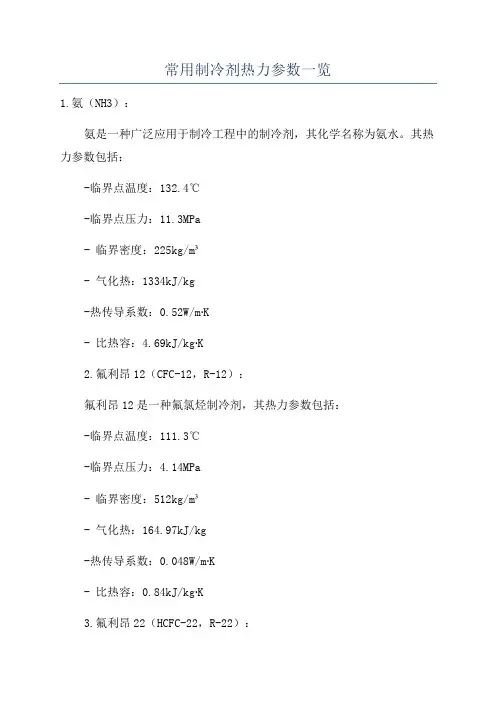常用制冷剂热力参数一览