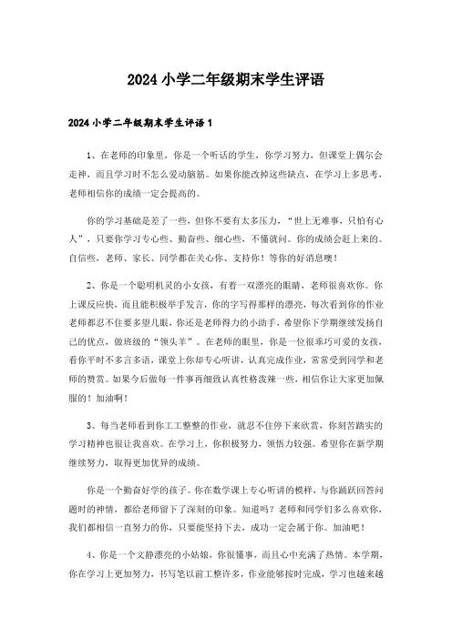 2024年小学二年级期末学生评语