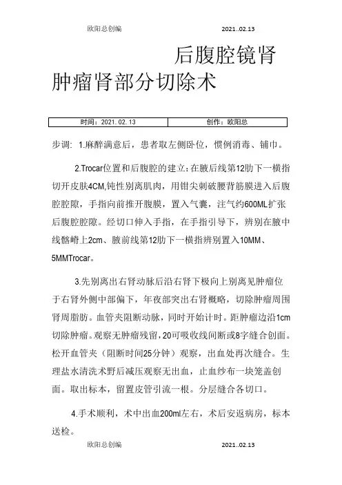 后腹腔镜肾肿瘤肾部分切除术手术记录之欧阳总创编