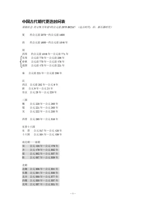 中国古代朝代更迭时间表