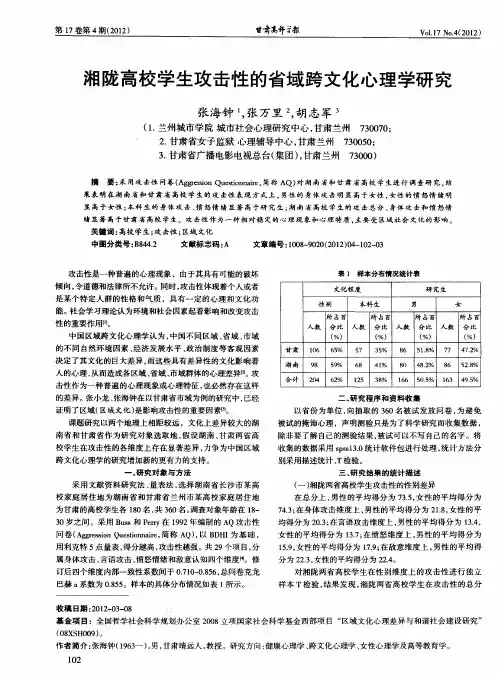 湘陇高校学生攻击性的省域跨文化心理学研究