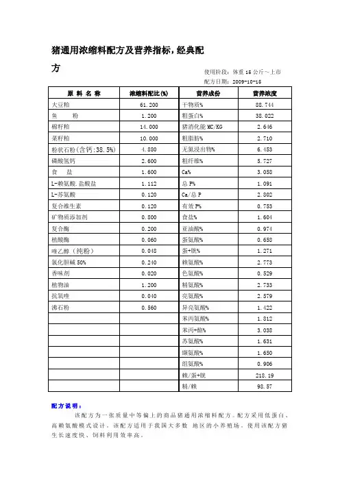 猪通用浓缩料配方及营养指标