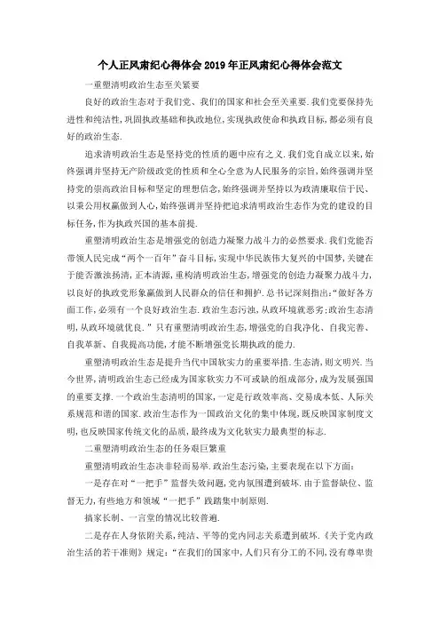 个人正风肃纪心得体会 2019年正风肃纪心得体会范文 精品