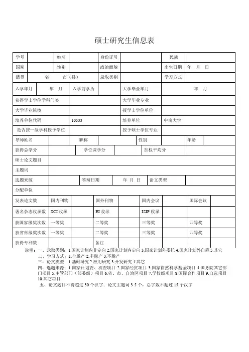 中南大学硕士研究生信息表