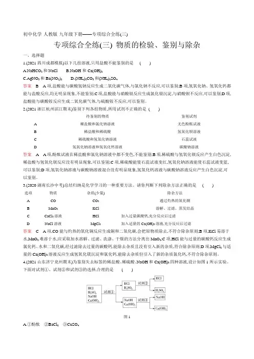 2022人教版初中九年级化学下册练习题--专项综合全练(三)物质的检验、鉴别与除杂