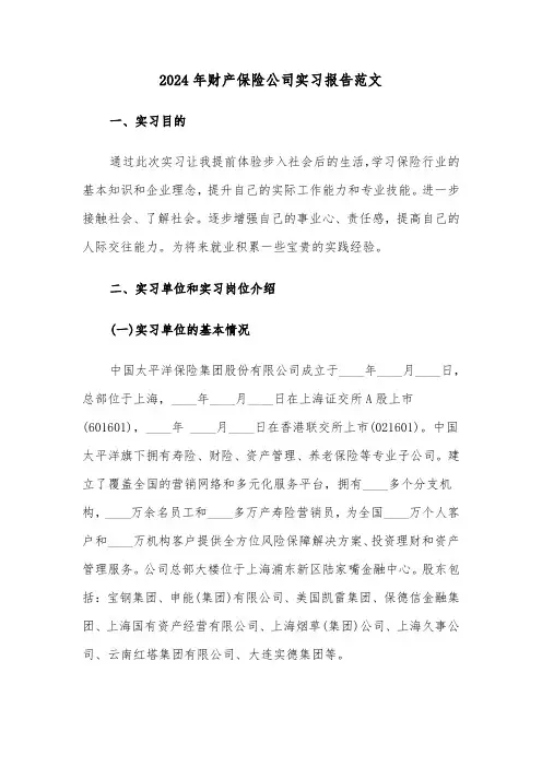 2024年财产保险公司实习报告范文（2篇）