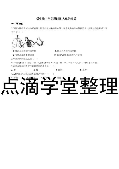 八年级生物中考专项训练 人体的呼吸(解析版)