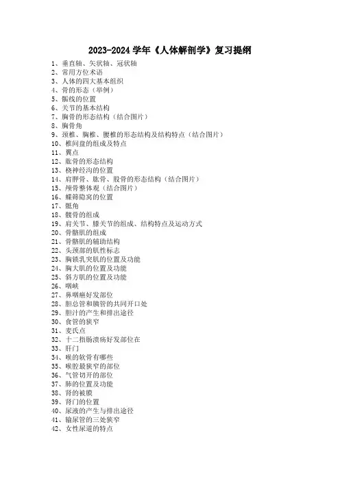 2023-2024学年《人体解剖学》复习提纲