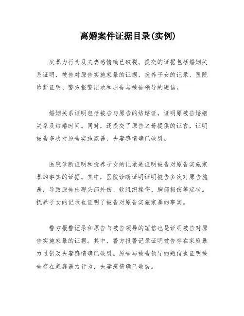 离婚案件证据目录(实例)