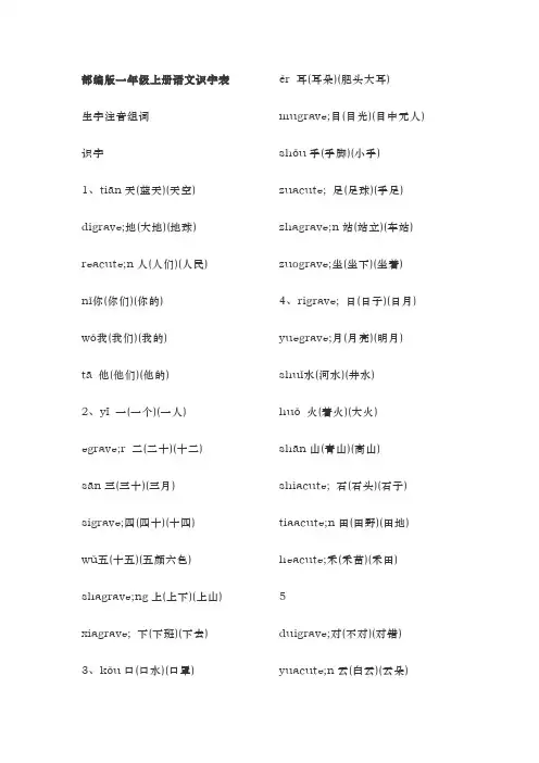 部编版一年级上册语文识字表