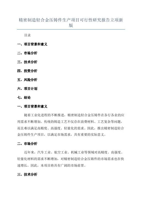精密制造轻合金压铸件生产项目可行性研究报告立项新版