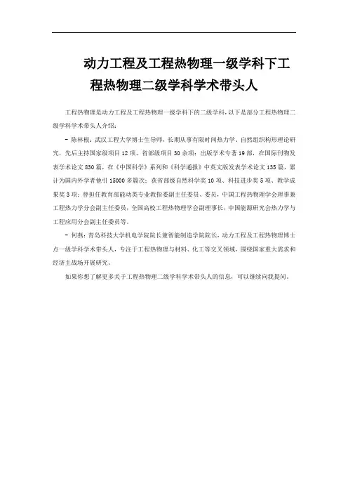 动力工程及工程热物理一级学科下工程热物理二级学科学术带头人
