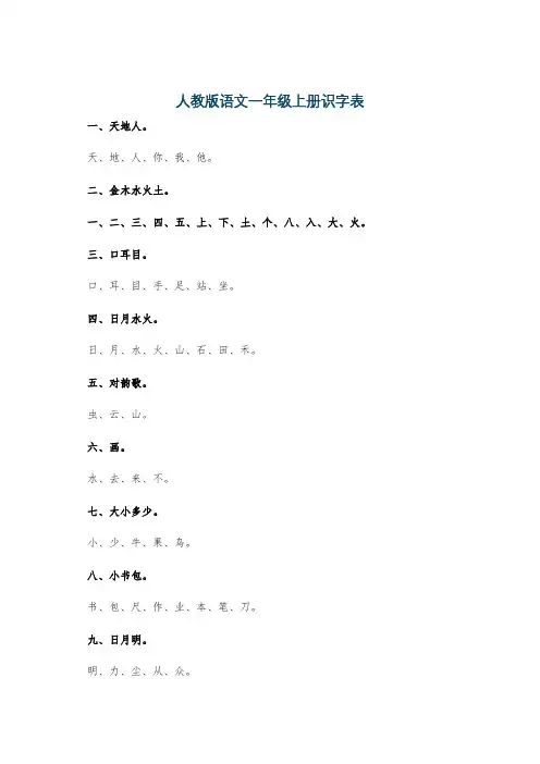 人教版语文一年级上册识字表