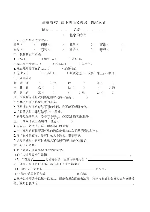 部编版六年级下册语文每课一练精选题附参考答案