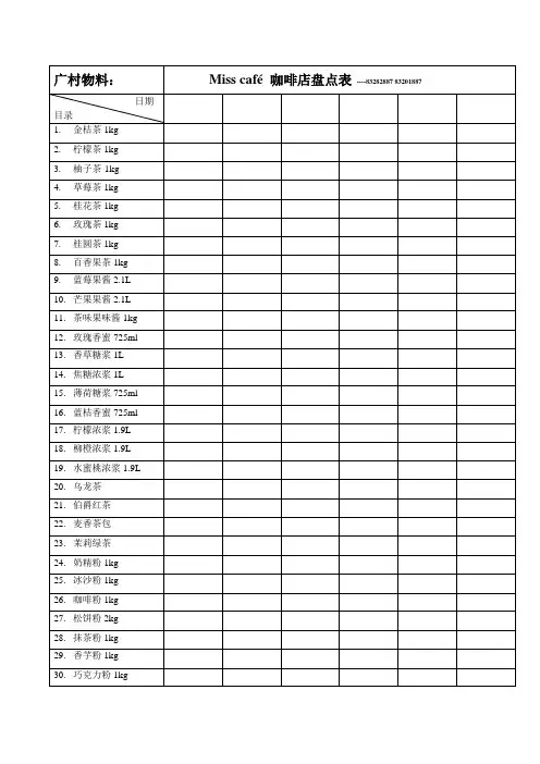 咖啡厅物料盘点表