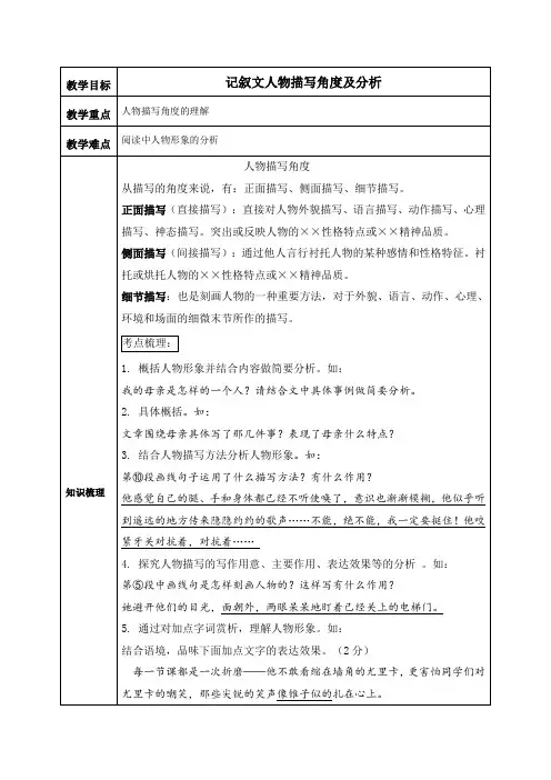 记叙文人物描写角度及分析