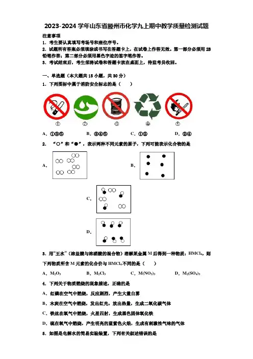 2023-2024学年山东省滕州市化学九上期中教学质量检测试题含解析