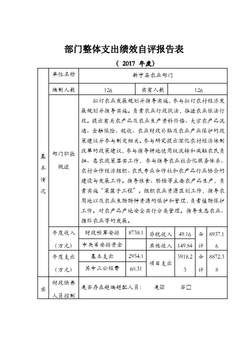 部门整体支出绩效自评报告表