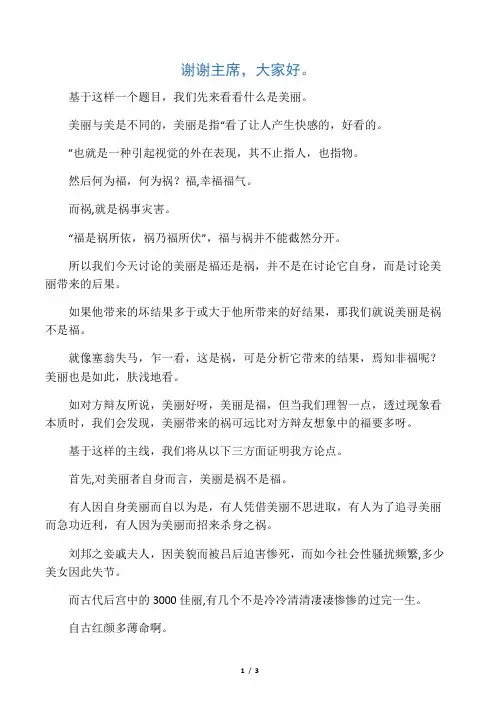 美丽是祸不是福 一辩稿