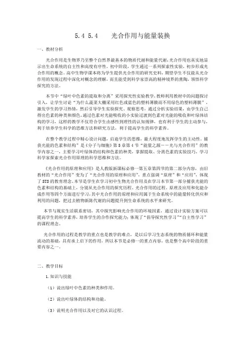 《第4节 光合作用与能量转化》公开课优秀教案教学设计(高中必修第一册)