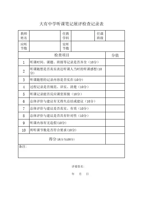 听课笔记展评检查记录表