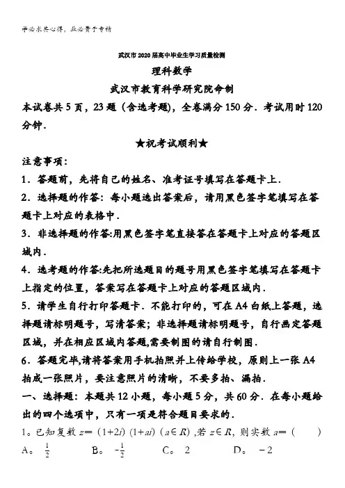 武汉市2020届高三下学期3月质量检测数学(理)试题含解析