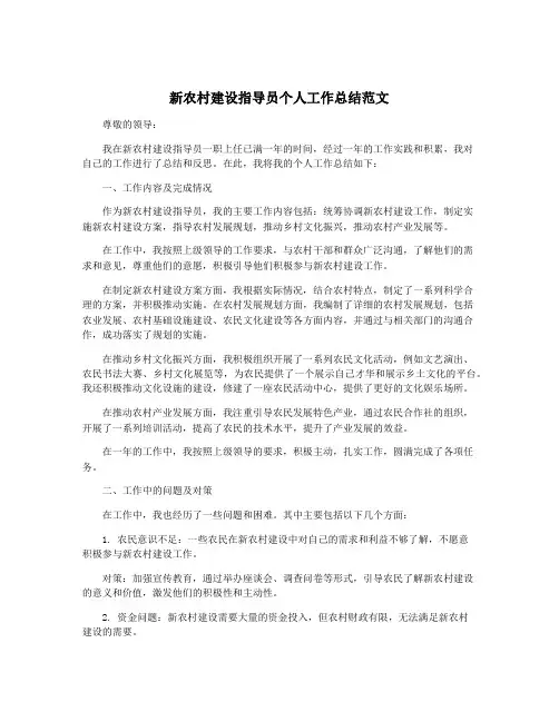 新农村建设指导员个人工作总结范文