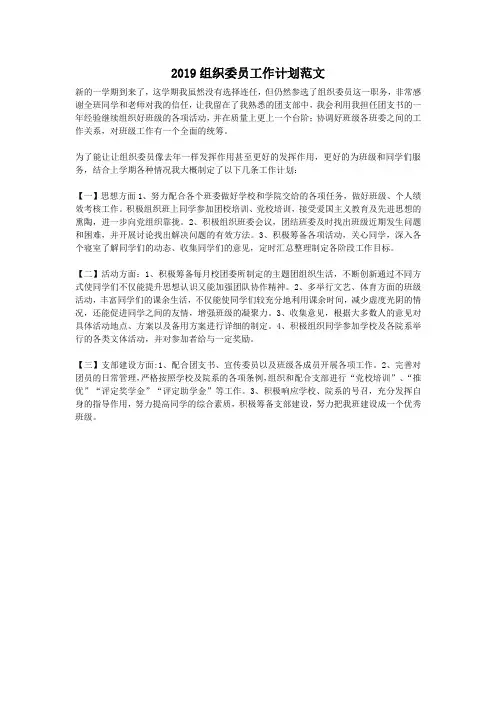 2019组织委员工作计划范文