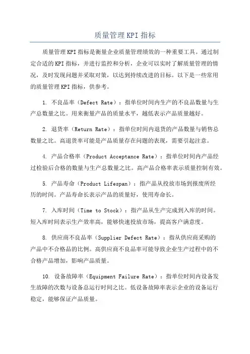 质量管理KPI指标