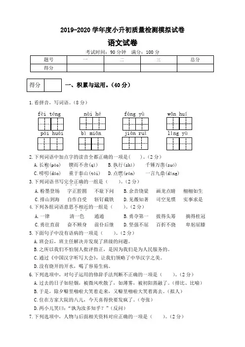 【精品】部编版 2020年度小升初语文模拟试卷(九)(含答案)