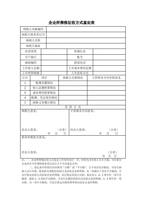 企业所得税征收方式鉴定表