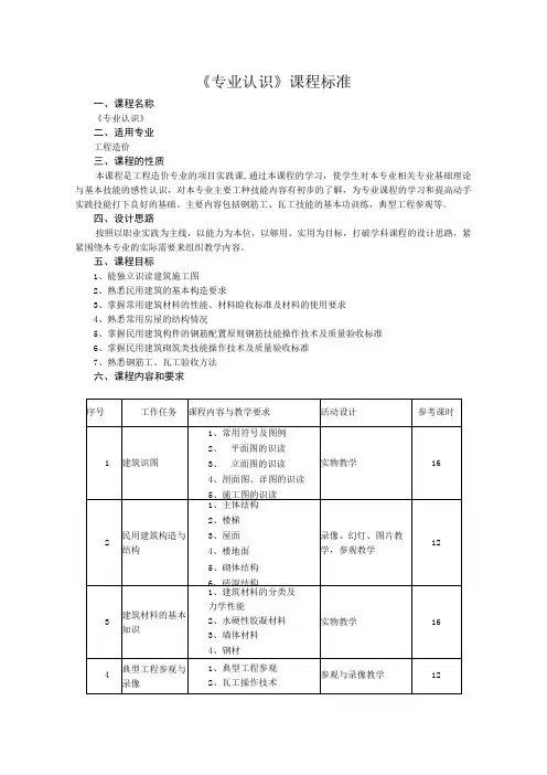 工程造价专业《专业认识》课程标准