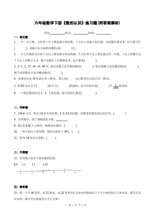 六年级数学下册《数的认识》练习题(附答案解析)