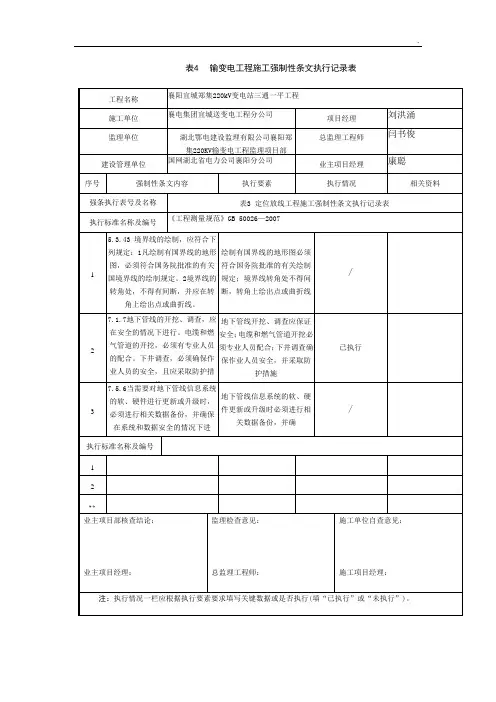 表-4输变电工程施工强制性条文执行记录表