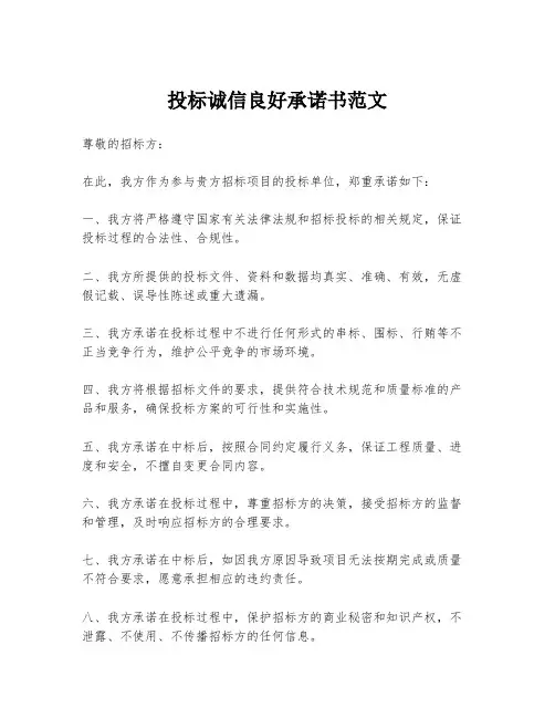 投标诚信良好承诺书范文