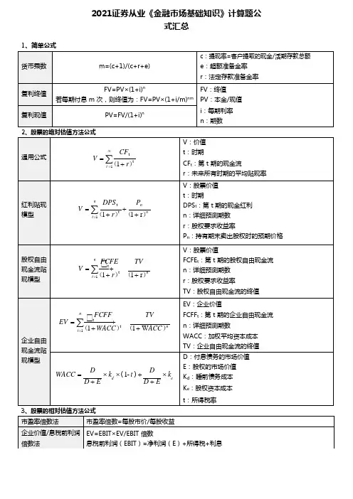 2021证券从业《金融市场基础知识》计算题公式汇总