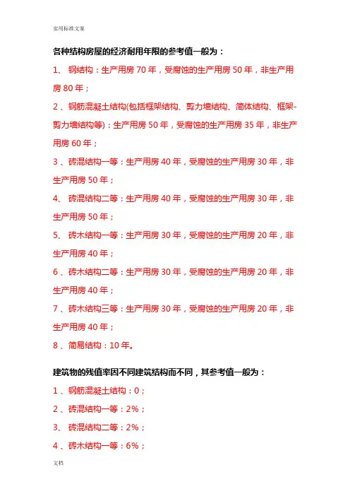 各种结构房屋经济耐用年限和残值率参考值