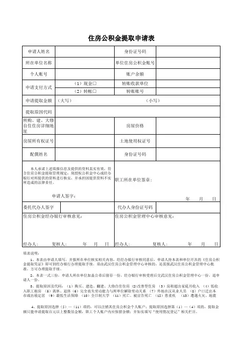 武汉市 住房公积金提取申请表