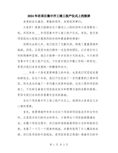 2024年在项目集中开工竣工投产仪式上的致辞