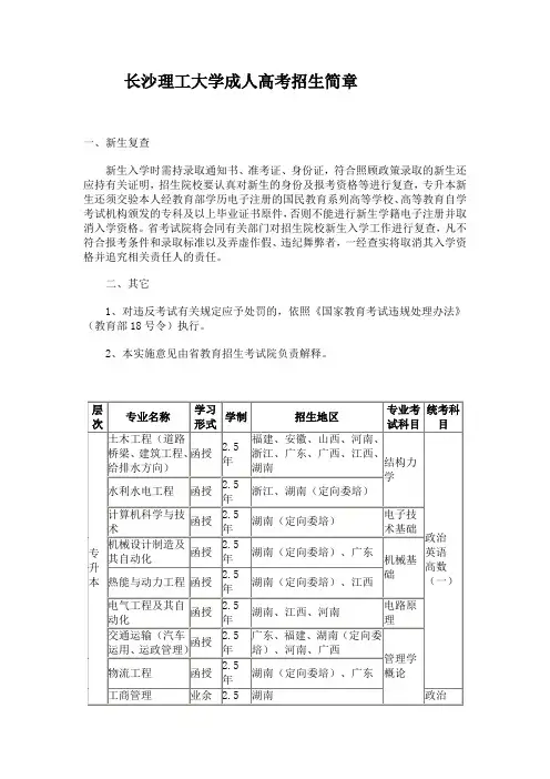 长沙理工大学成人高考招生简章