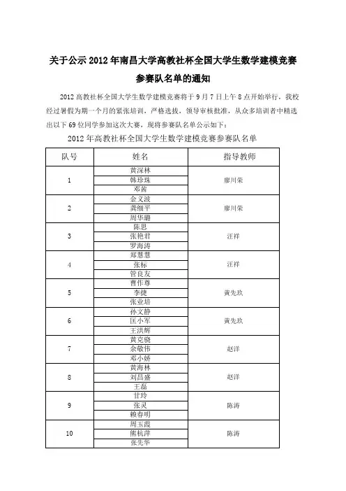 关于公示2012年南昌大学高教社杯全国大学生数学建模竞赛参赛队名单的通知