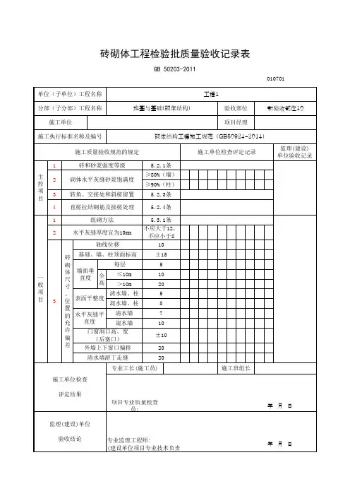 砖砌体工程检验批质量验收记录表
